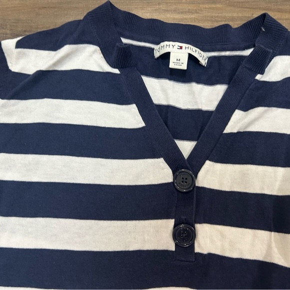 Tommy Hilfiger Y2K Blue and White V-Neck Sweater With Pockets - Picture 4 of 5